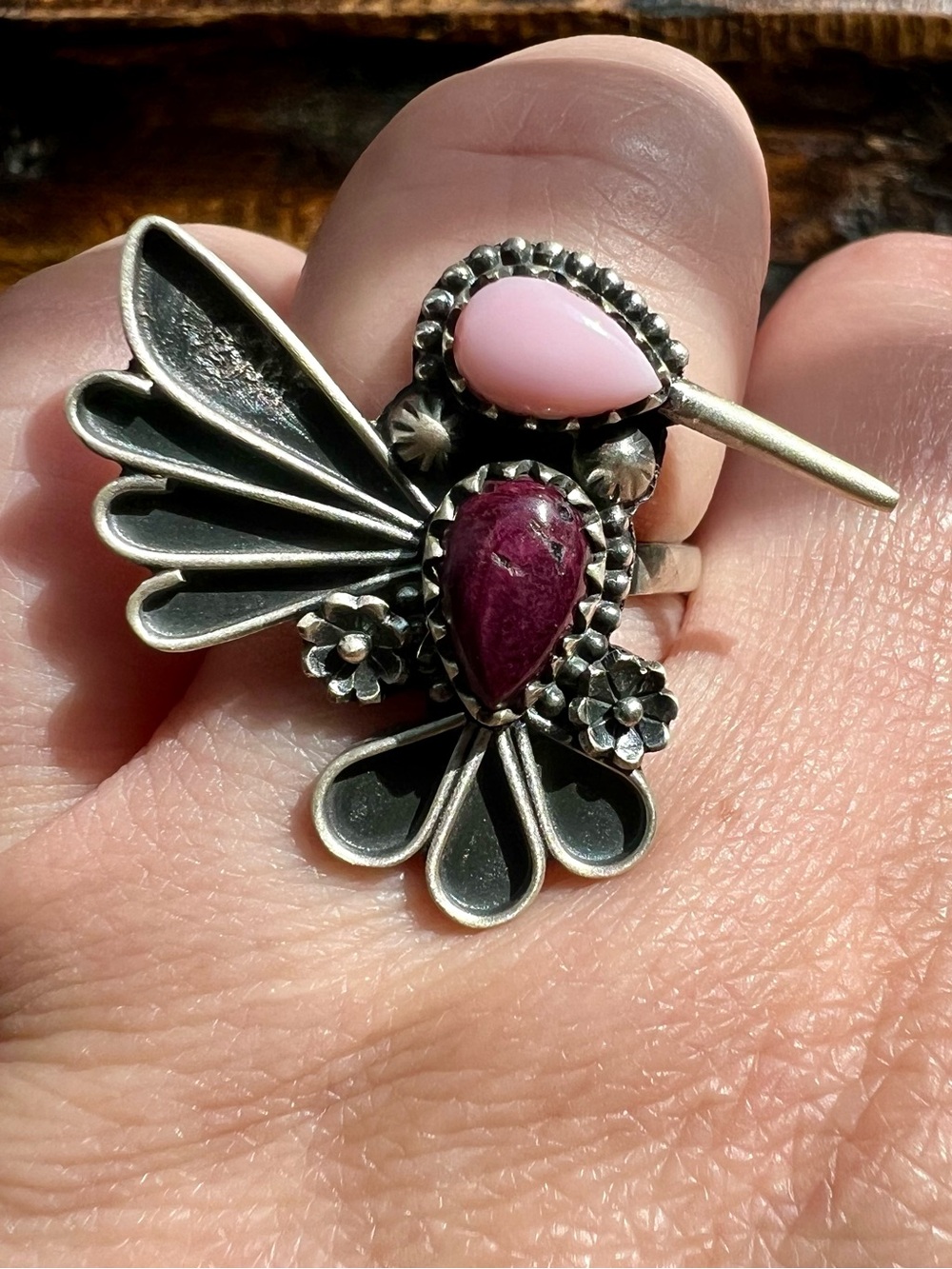 Sterling Silver Queen Conch Purple Spiny Oyster Hummingbird Ring Adjustable - Picture 2 of 9